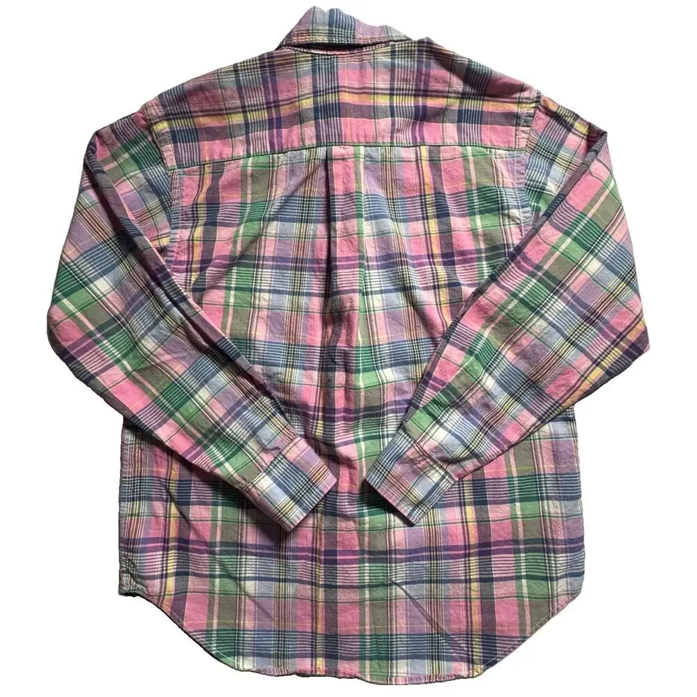 Ralph Lauren Boys M 10-12 Pink Green Plaid Button Front Shirt Pony Logo